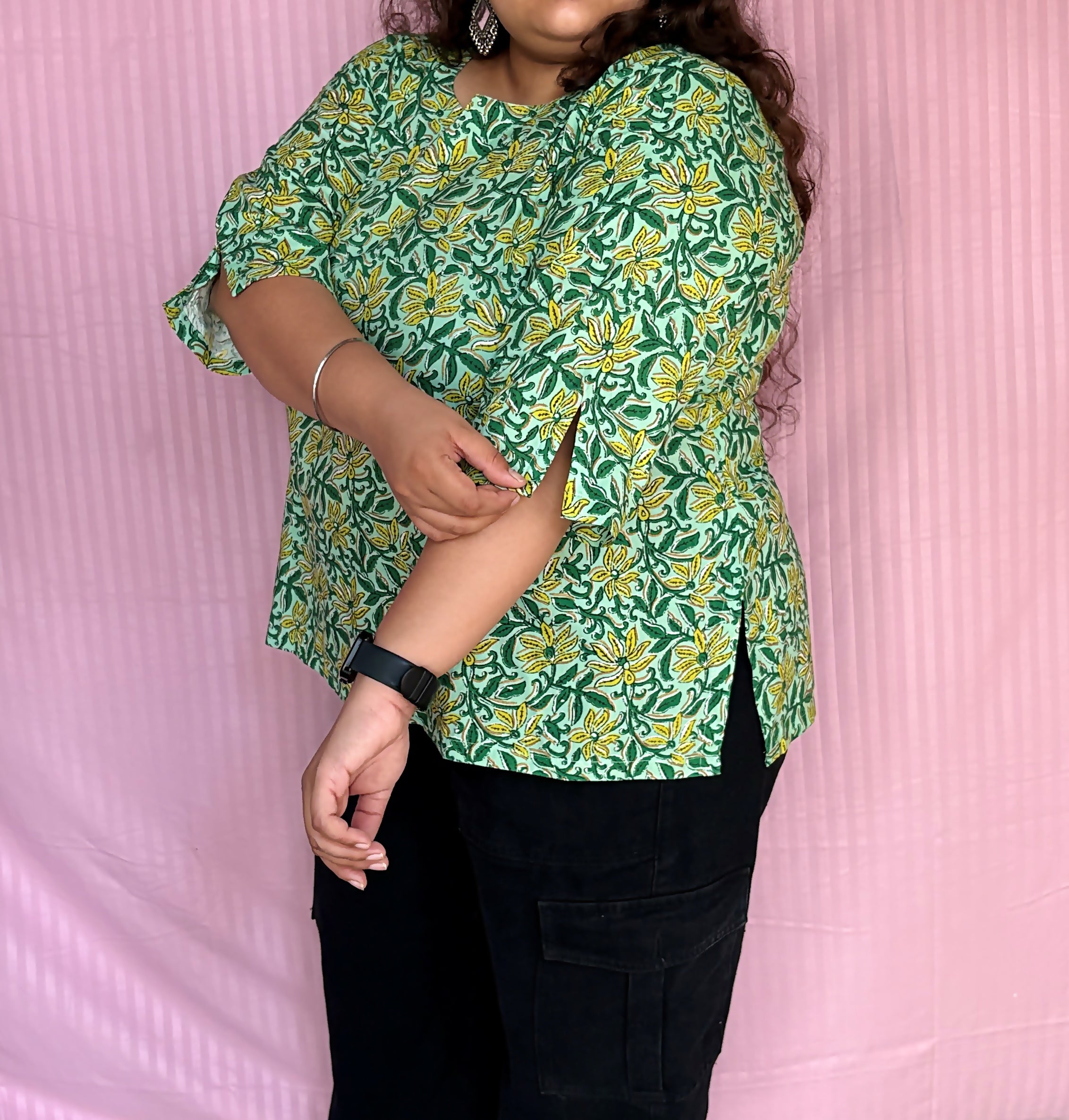 Nimbu Mirchi Cotton Short Kurti - Beautiful Green Floral Pattern