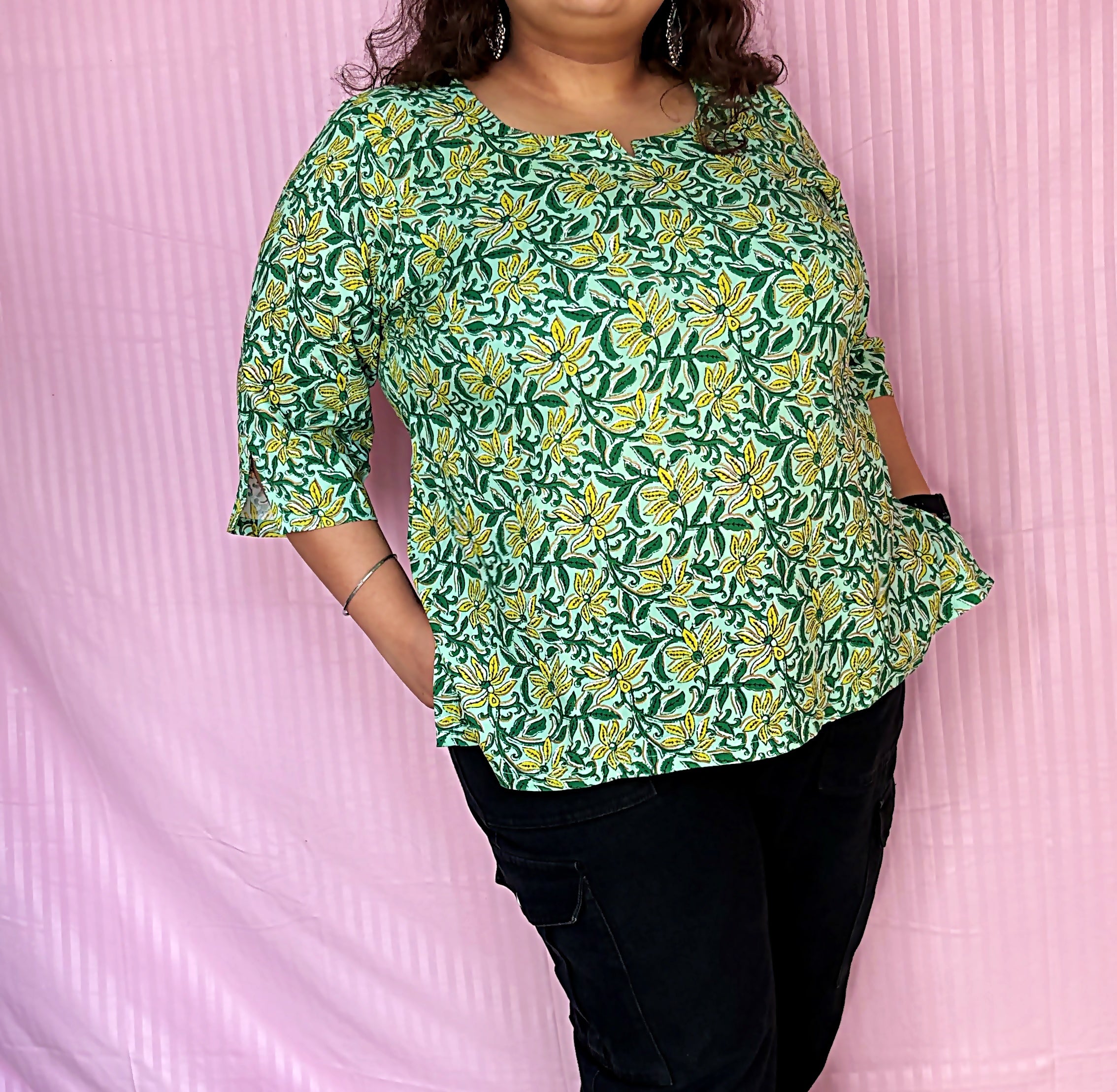 Nimbu Mirchi Cotton Short Kurti - Beautiful Green Floral Pattern