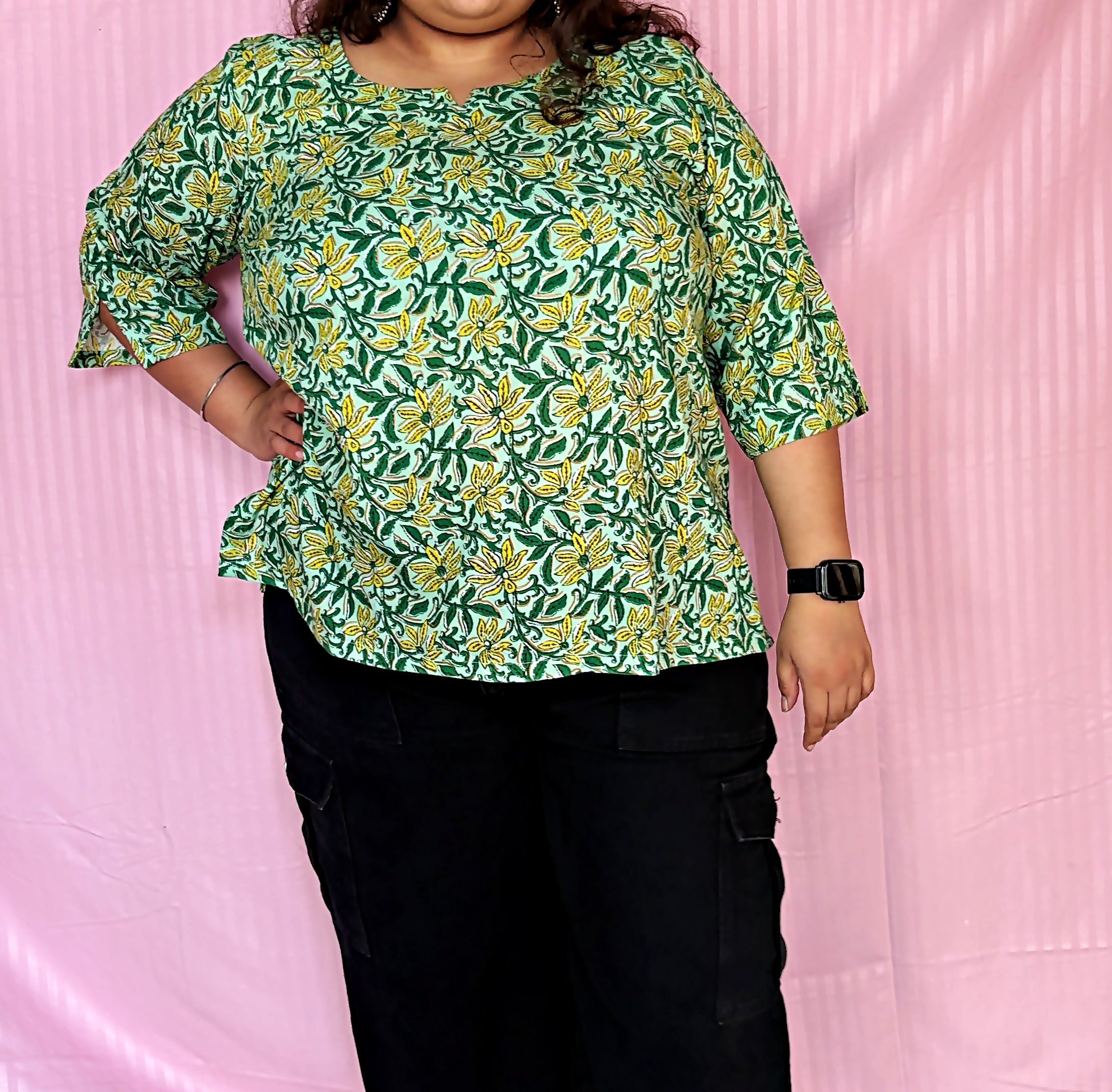 Nimbu Mirchi Cotton Short Kurti - Beautiful Green Floral Pattern