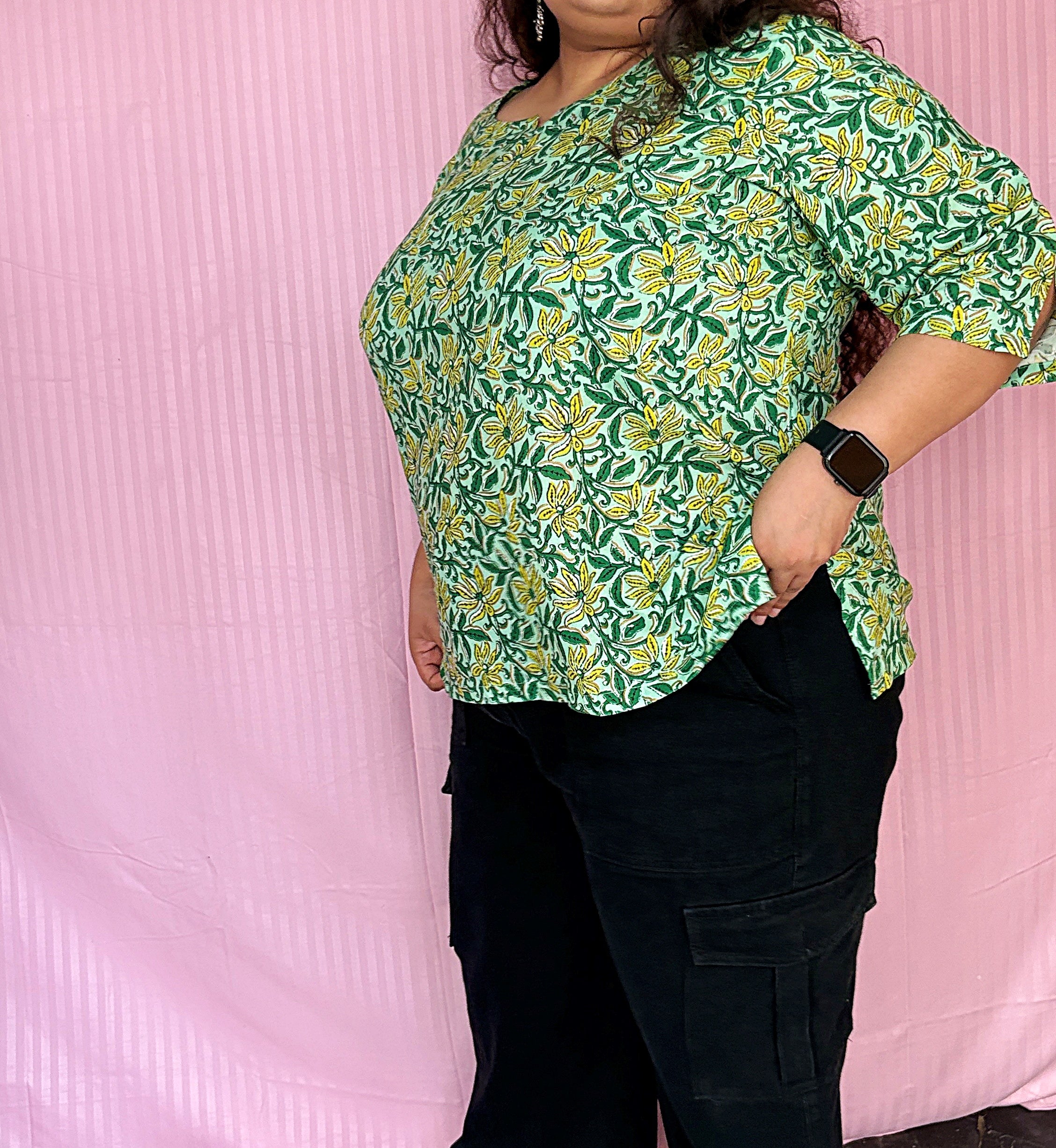 Nimbu Mirchi Cotton Short Kurti - Beautiful Green Floral Pattern